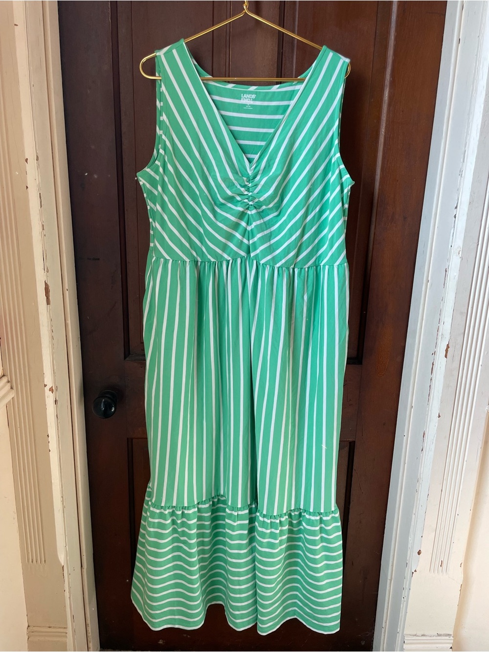 Lands' End women's 1X sleeveless green / white striped maxi dress